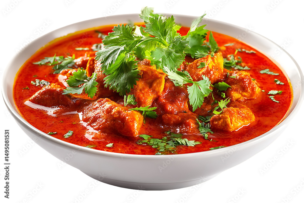 Vibrant image of a chicken curry in a round white bowl, topped with fresh cilantro. The curry has a rich red color and appears flavorful. Isolated on Transparent Background PNG Vibrant image of a chicken curry in a round white bowl, topped with fresh cilantro. The curry has a rich red color and appears flavorful. Isolated on Transparent Background PNG
