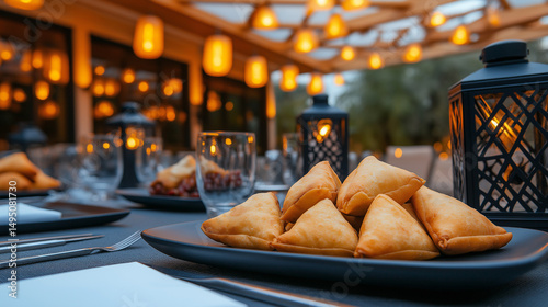 Appetizing samosas served on a plate at a cozy outdoor dining setting with lanterns