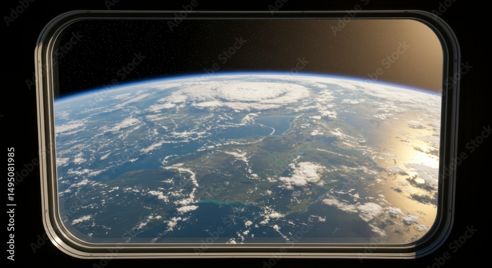 Naklejka premium Earth seen from space through a spacecraft window