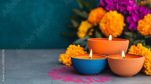 Festive diwali celebration with lit candles and beautiful marigold flowers in decorative arrangement