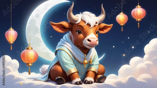 Eid al-Adha: Bakra Eid Painting with Festive Decorations, cow, lamb, cattle, camel, sheep.