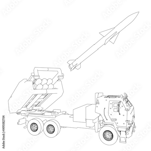 A black and white drawing of a rocket and a truck. The rocket is in the air and the truck is on the ground. Scene is serious and focused on the military aspect of the rocket and truck
