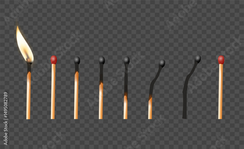 Matchbox, empty package for match sticks in top and perspective view. Realistic mockup of 3d blank box. Stages of burning the match. Symbol of ignition burning. Vector