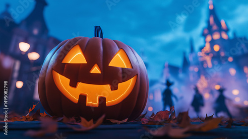 Glowing jack o lantern with silhouetted figures on a spooky autumn halloween evening