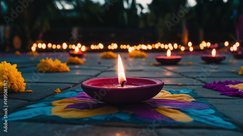 Vibrant candles and decorations illuminate a peaceful celebration during the evening