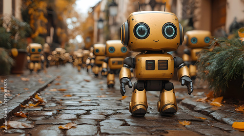 Golden robots marching on cobblestone street, autumn leaves, quaint buildings blurred in background