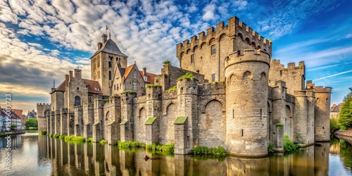 Ancient stone walls and medieval towers of Ghent's historic city center , architecture, landmark,  architecture, landmark