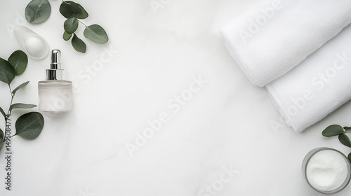 Spa skincare products arrangement with eucalyptus leaves and folded white towels overhead view