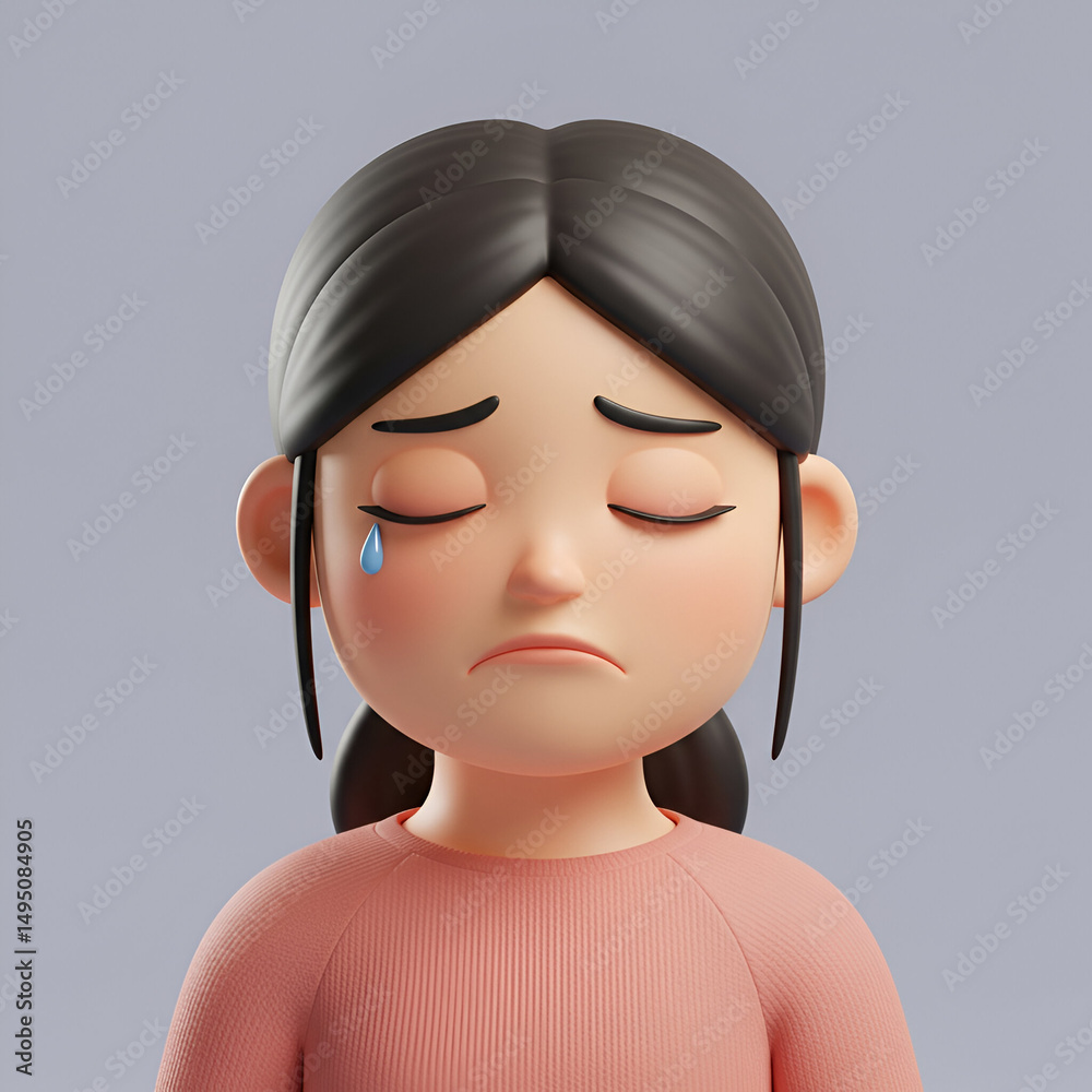 Sad cartoon girl in a peach colored sweatshirt displays a teardrop, against a neutral backdrop. Young female avatar expresses sadness in a simple setting. Sad cartoon girl in a peach colored sweatshirt displays a teardrop, against a neutral backdrop. Young female avatar expresses sadness in a simple setting.