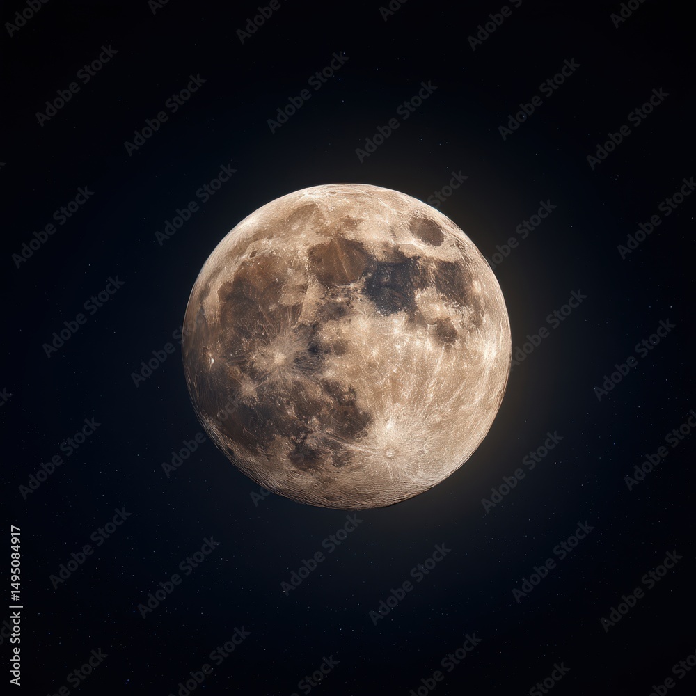 Fototapeta premium Stunning full moon in space. Detailed lunar surface, starry night. Ideal for websites, print, and video projects related to space, astronomy, and fantasy themes.