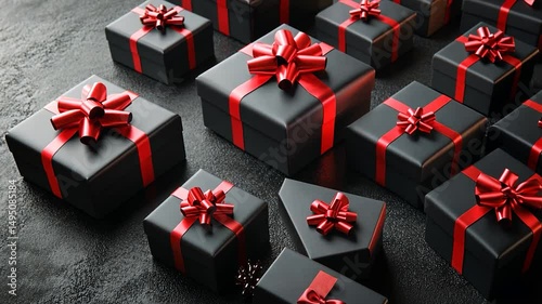 Black gift boxes with red ribbons on dark surface
