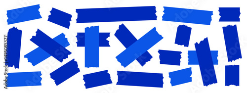 Collection of blue colored adhesive tape, washi, mini tape vector sticker illustration