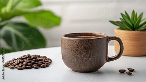 Dark-brown ceramic coffee mug filled with coffee and coffee beans on a white surface