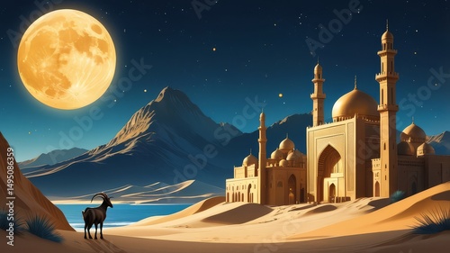 Eid al-Adha: Bakra Eid Painting with Festive Decorations, cow, cattle, camel, lamb, illustration, Background
