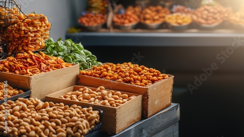 Wooden crates filled with assorted roasted nuts and snacks are displayed at an inviting marketplace stall, offe a variety of flavors and textures.