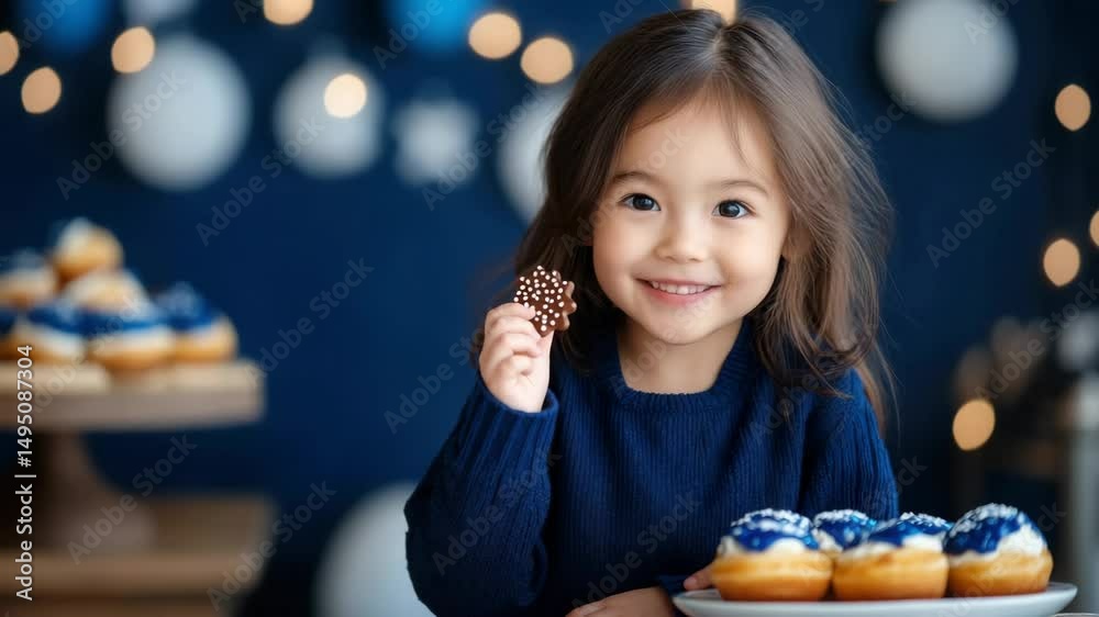 Adorable child enjoys sweet donuts at festive holiday celebration with joyful expressions