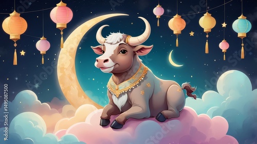 Eid al-Adha: Bakra Eid Painting with Festive Decorations, cow, lamb, cattle, camel, sheep.