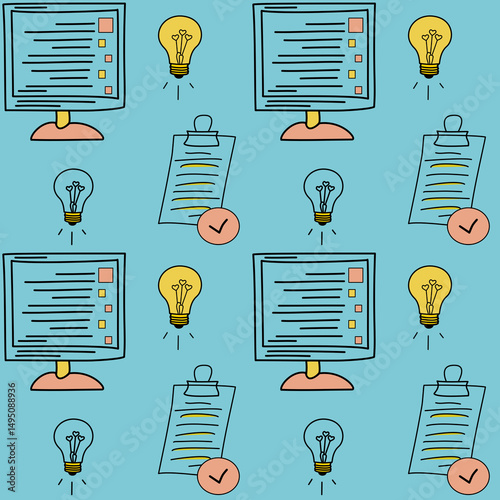 Seamless pattern with monitors, idea bulbs, and checklists on a blue background. Perfect for school supplies, digital planners, and creative educational themes.
