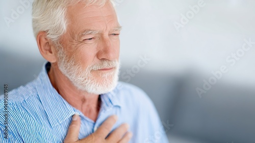Wallpaper Mural A serene older man with gray hair and a beard gently holding his chest. He reflects on memories and emotions in a soft, peaceful setting. This image embodies wisdom and tranquility. AI Torontodigital.ca