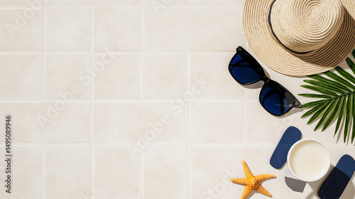Summer essentials arranged neatly on tile to evoke travel and relaxing vacation vibes