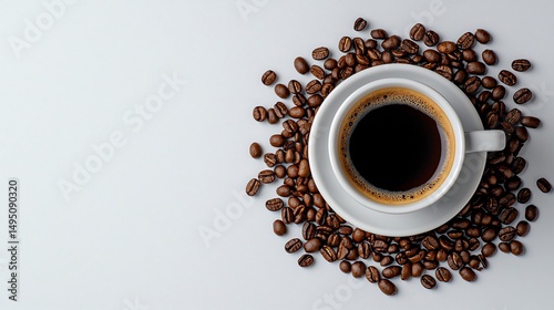 Espresso in a white cup, surrounded by coffee beans.  A simple, elegant still life