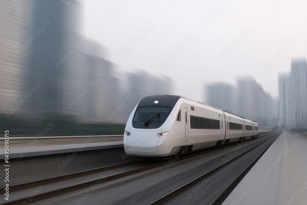 Naklejka premium sleek highspeed train racing through urban landscape towering city buildings in background