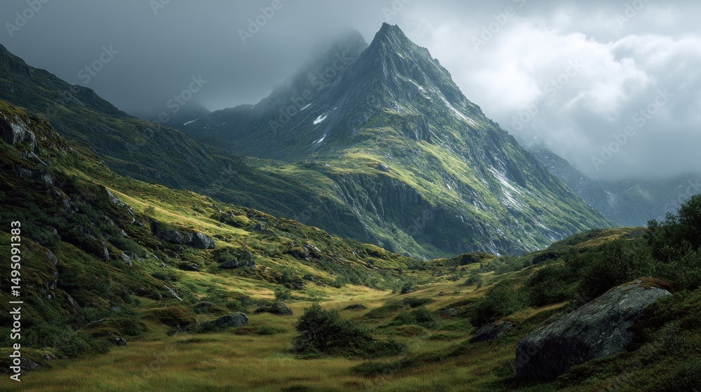 Fototapeta premium Dramatic mountain landscape with green slopes under a cloudy and moody sky