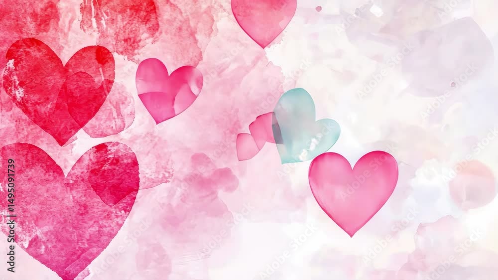 watercolor hearts floating on a pastel pink and white background creating a loving mood and feeling