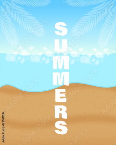 Summer beach illustration with ocean waves, sand and palm leaves. Ideal for seasonal posters, social media graphics, or summer-themed designs.