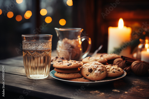 Close-up of a rustic wooden table with hot cocoa, cinnamon sticks, and Christmas cookies, warm mood lighting.