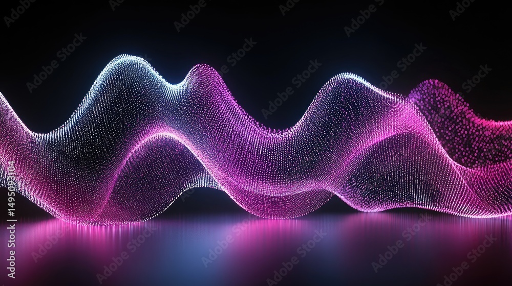 Fototapeta premium Abstract glowing pink and blue wave particles on dark reflective surface