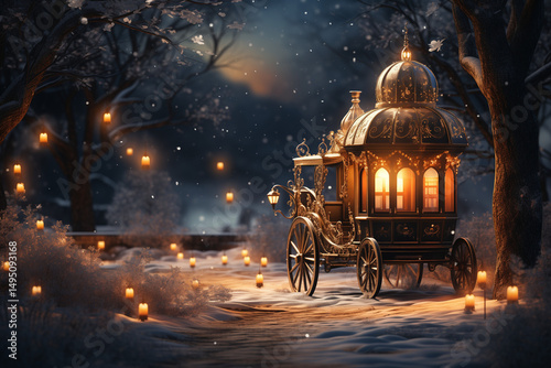 Christmas Eve in a snowy forest with glowing lanterns and a decorated sleigh, dreamy atmosphere.
