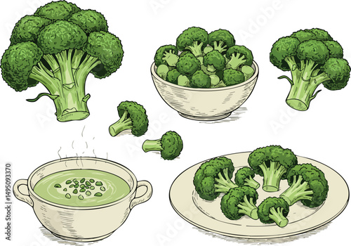 Broccoli vegetable set with fresh florets and bowl of broccoli soup illustration vector 