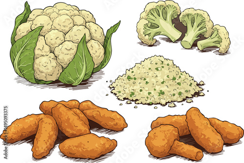 Cauliflower whole sliced florets crumbs and fried pieces vector illustration natural food ingredients 