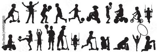 children playing games, jumping, kicking, laughing, riding, bicycling, hula hoop in outdoor activities. Silhouette of kids playing. 