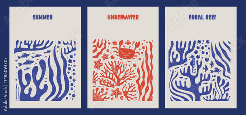 Summer sea ocean cute underwater cards set. Vector stamp textured flat graphic design illustration. Tropic covers in simple naive monochrome style.