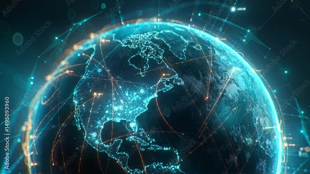 Futuristic digital globe of Earth with glowing data points network connections on a dark background. Worldwide links on planet earth at night. Concept of World communication technology. 3d animation