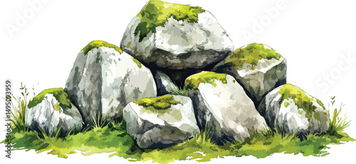 Mossy Stone Pile Watercolor Illustration