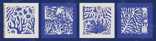 Vintage monochrome Marine Life covers set. Retro paper textured square cards with stamp effect. Flat silhouette vector illustration.
