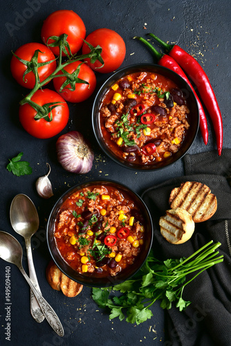 Chili con carne - traditional mexican minced meat and vegetables stew in tomato sauce. Top view with copy space.