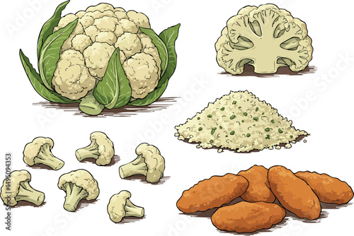 Cauliflower vegetable whole sliced florets and breaded nuggets vector illustration natural food ingredients 