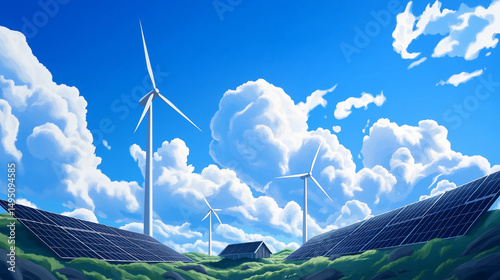 Sustainable energy sources: wind turbines and solar panels under a bright blue sky