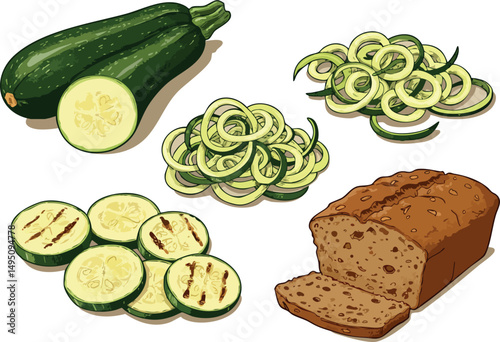 Zucchini slices grilled and fresh with whole loaf bread natural food ingredients vector illustration 