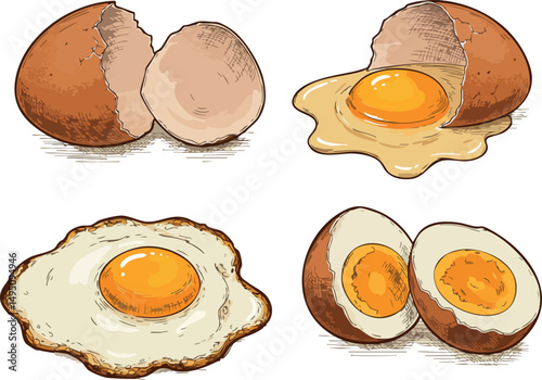 Various styles of brown eggs with yolk in raw, fried, and boiled forms vector illustration 