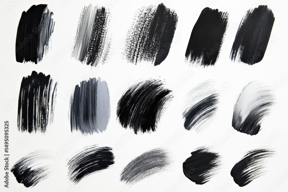 Monochrome paint strokes with textures isolated on a white canvas backdrop. Use for graphic design, backgrounds, or artistic digital compositions. Monochrome paint strokes with textures isolated on a white canvas backdrop. Use for graphic design, backgrounds, or artistic digital compositions.