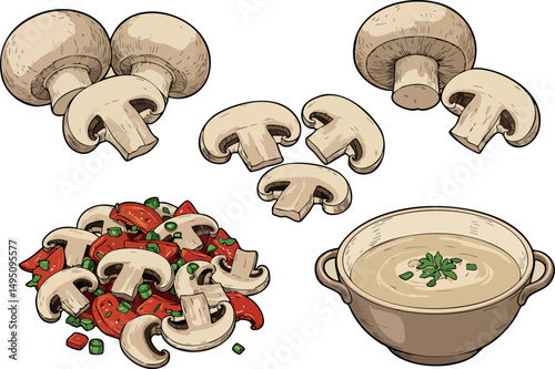 Mushrooms in various forms including fresh, sliced, cooked with vegetables, and creamy soup vector illustration 