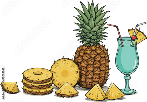 Pineapple fruit slices whole and tropical cocktail drink illustration vector 