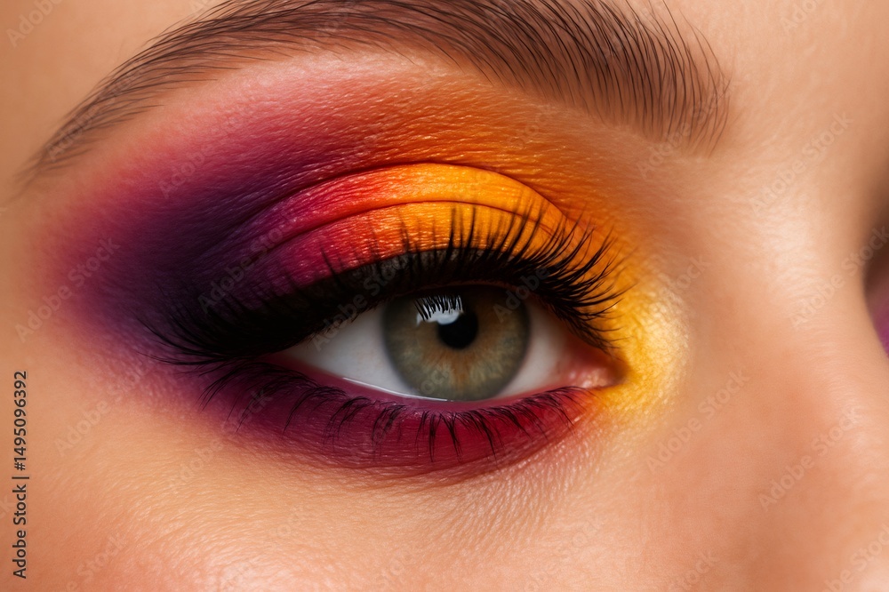 Fototapeta premium Closeup of eye with colorful eyeshadow and long eyelashes showing professional makeup