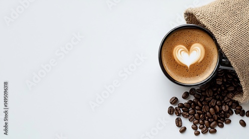 Latte art, coffee beans, burlap sack