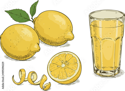 Fresh lemons and glass of lemon juice vector illustration with peel and leaves 
